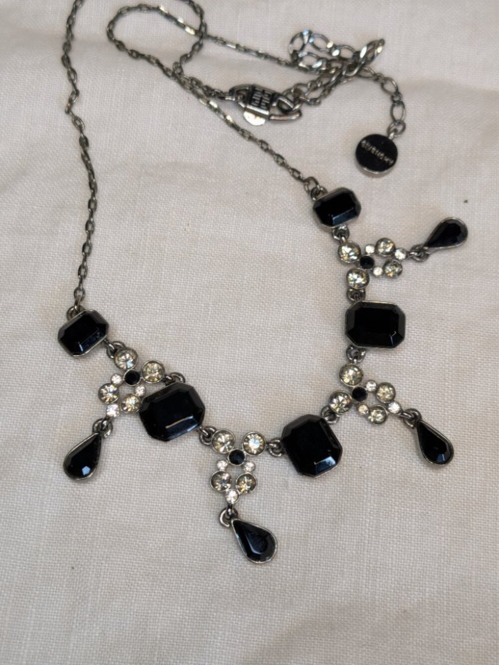 Vintage Givenchy Black Glass & Rhinestone Necklace – Gunmetal Finish